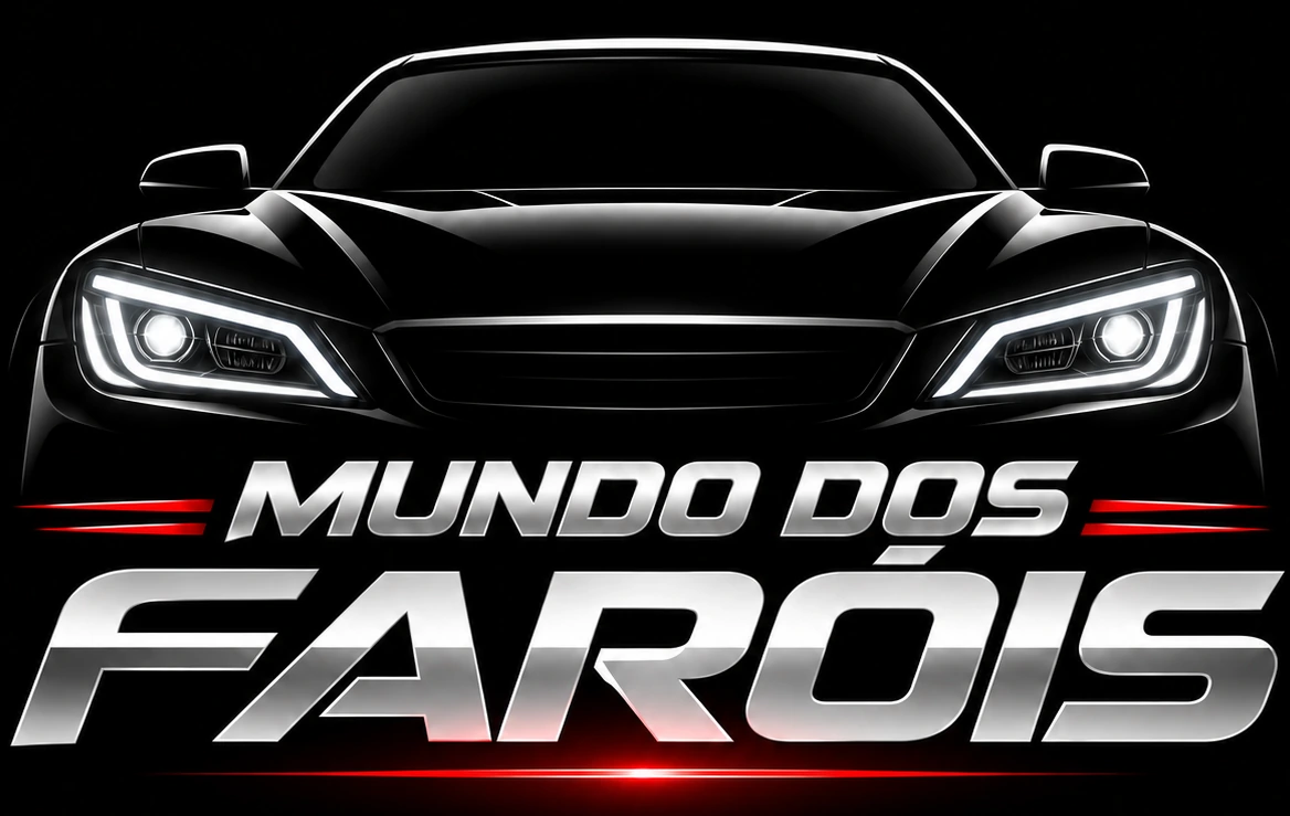Logotipo Mundo dos Faróis: carro preto com faróis LED brancos e identidade cromada com vermelho